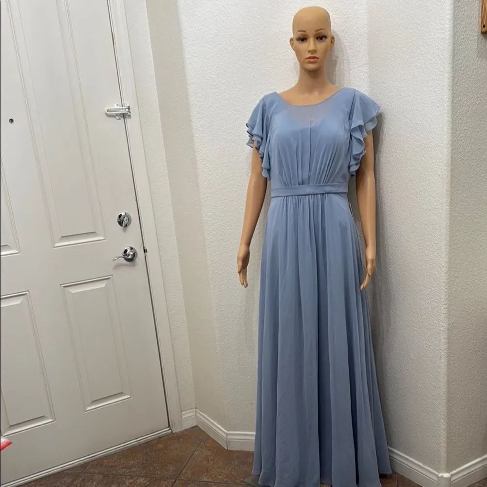 Azazie Daphne Dusty Blue Dress Maxi Sheer Flutter Short Sleeve Maxi Dress Weddin
